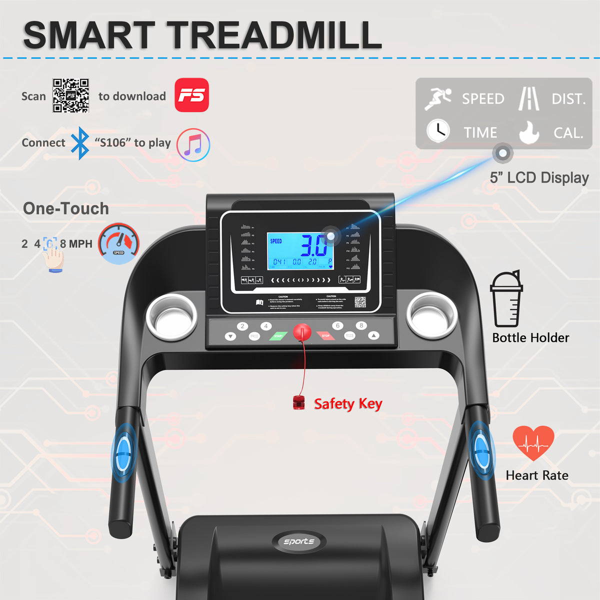 Anthony & Home Fitshow Elite Edition folding treadmill with hydraulic assist, quiet design, ideal for home gym workouts.