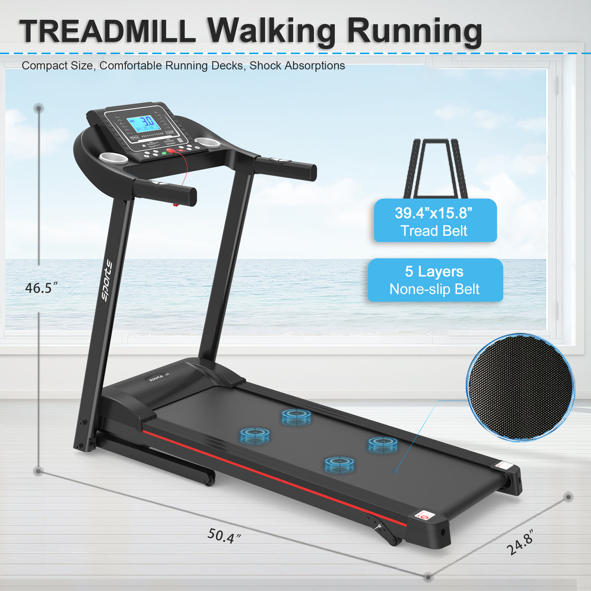 Anthony & Home Fitshow Elite Edition folding treadmill with hydraulic assist, quiet home gym equipment, shown in use.