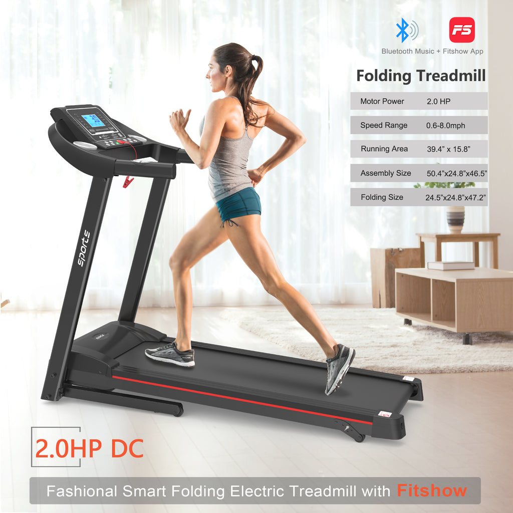 Anthony & Home Fitshow Elite Edition folding treadmill with hydraulic assist, designed for quiet home gym workouts.