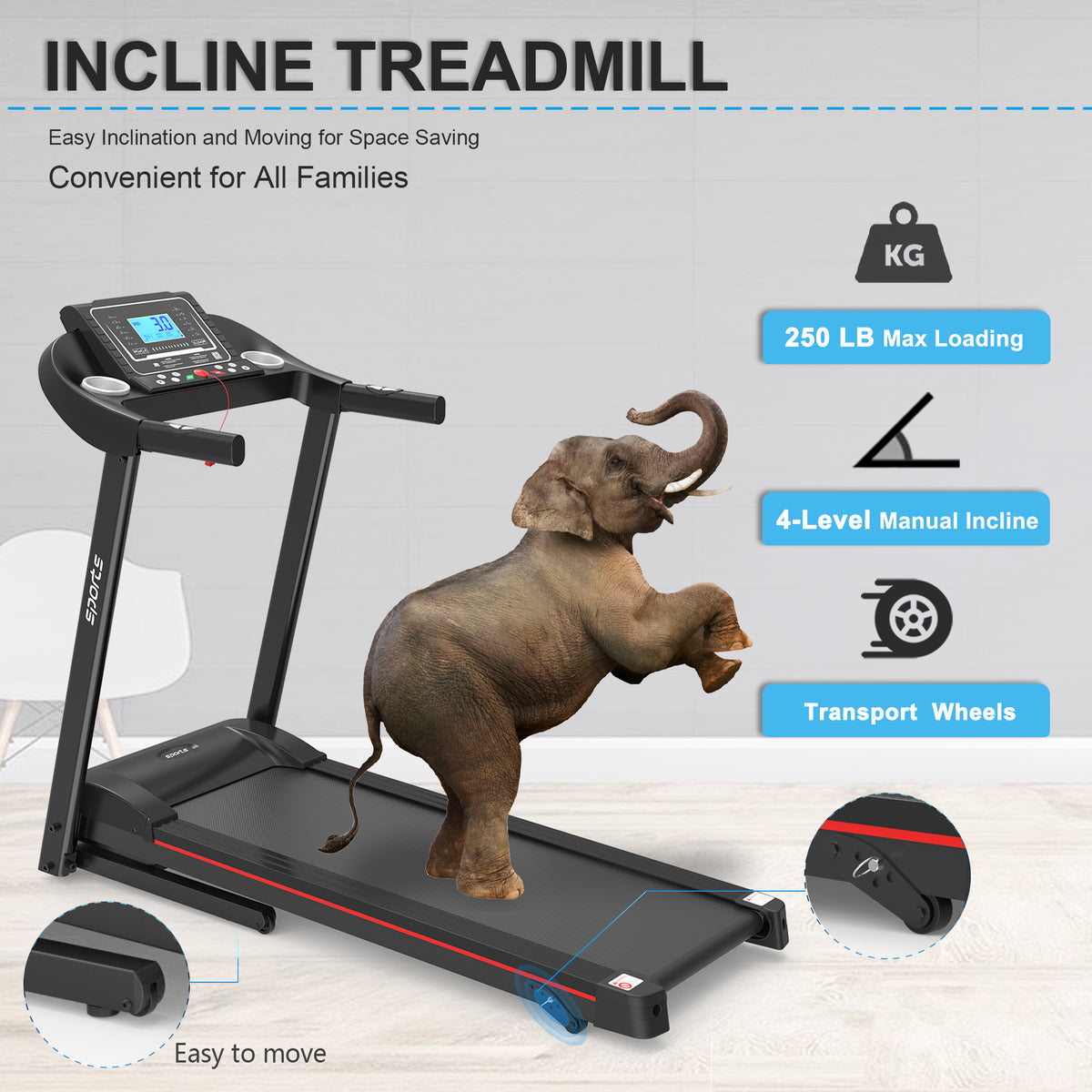 Anthony & Home Fitshow Elite Edition folding treadmill with hydraulic assist, quiet home gym equipment, visible running belt and control panel