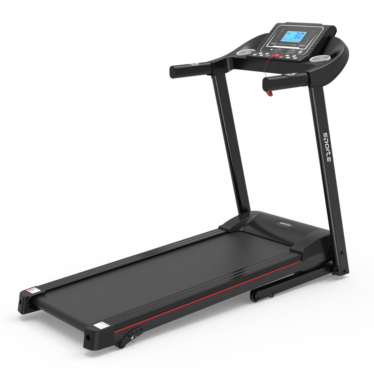 Anthony & Home Fitshow Elite Edition folding treadmill with hydraulic assist, quiet home gym equipment, side view showing running belt