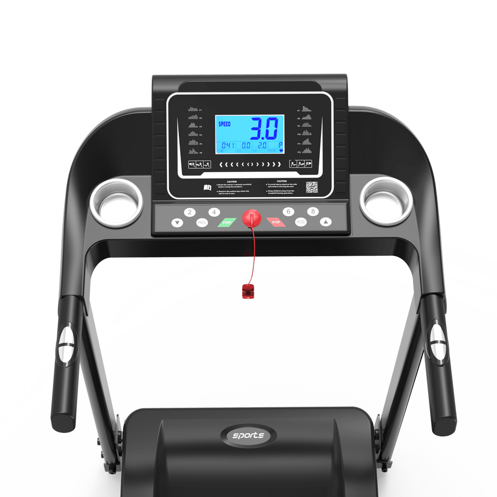 Anthony & Home Fitshow Elite Edition folding treadmill with hydraulic assist, quiet design for home gym use, seen from side.