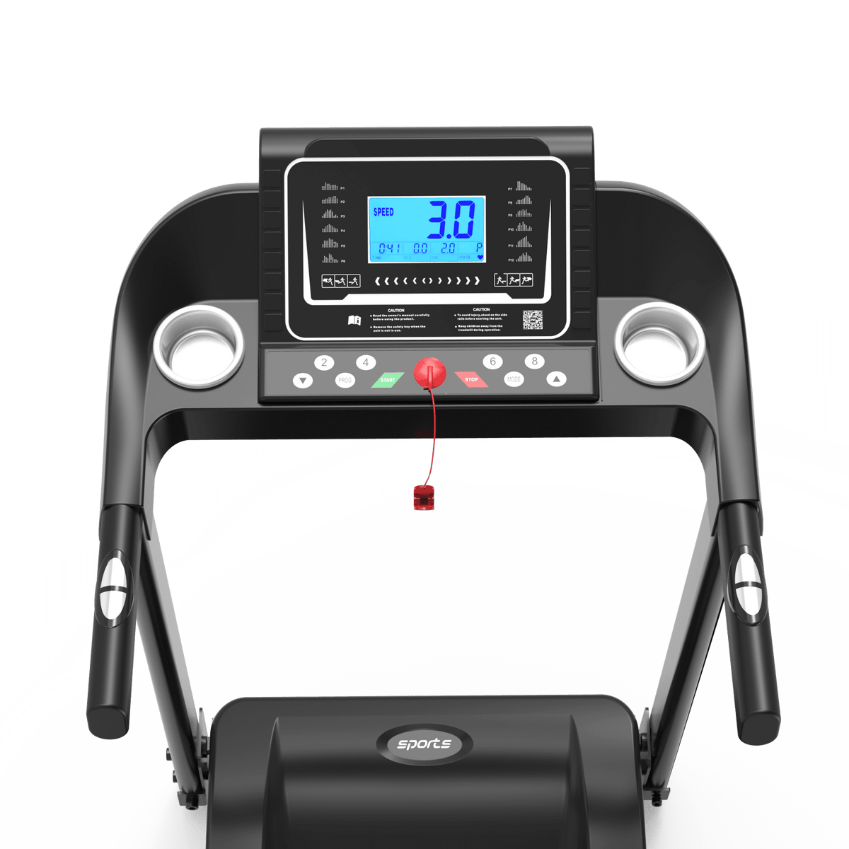 Anthony & Home Fitshow Elite Edition folding treadmill with hydraulic assist, quiet design for home gym use, seen from side.