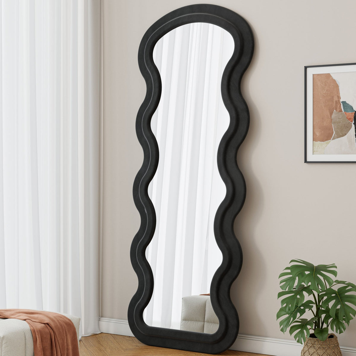 Black Flannel Wave Floor Mirror from Anthony & Home Studio Edition, showcasing a sleek, modern full-length mirror with a black frame.