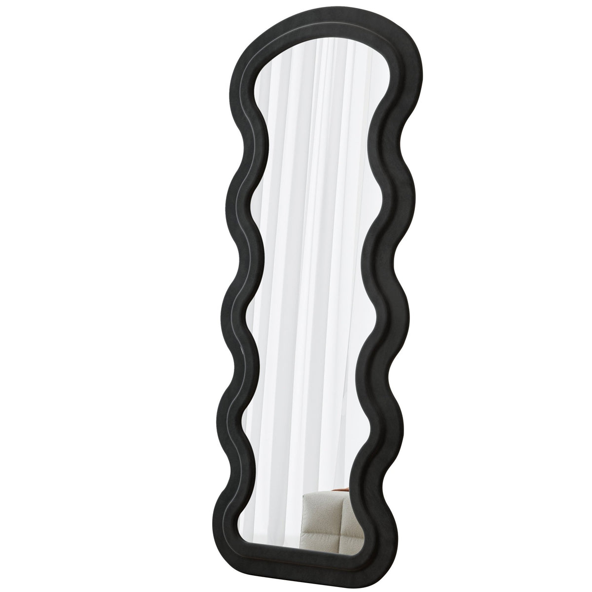Black Flannel Wave Floor Mirror from Anthony & Home Studio Edition, featuring a modern, curved design and full-length reflective surface.