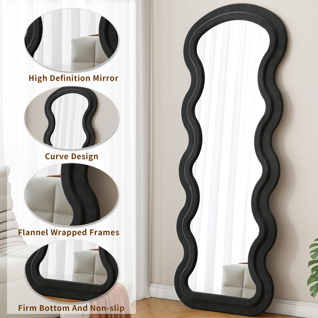 Black Flannel Wave Floor Mirror from Anthony & Home Studio Edition, showcasing a stylish, curved full-length mirror design.