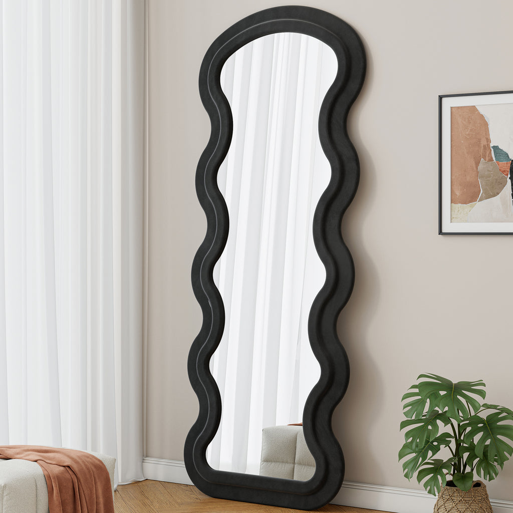 Black Flannel Wave Floor Mirror from Anthony & Home Studio Edition, featuring a sleek, modern design with a curved frame.