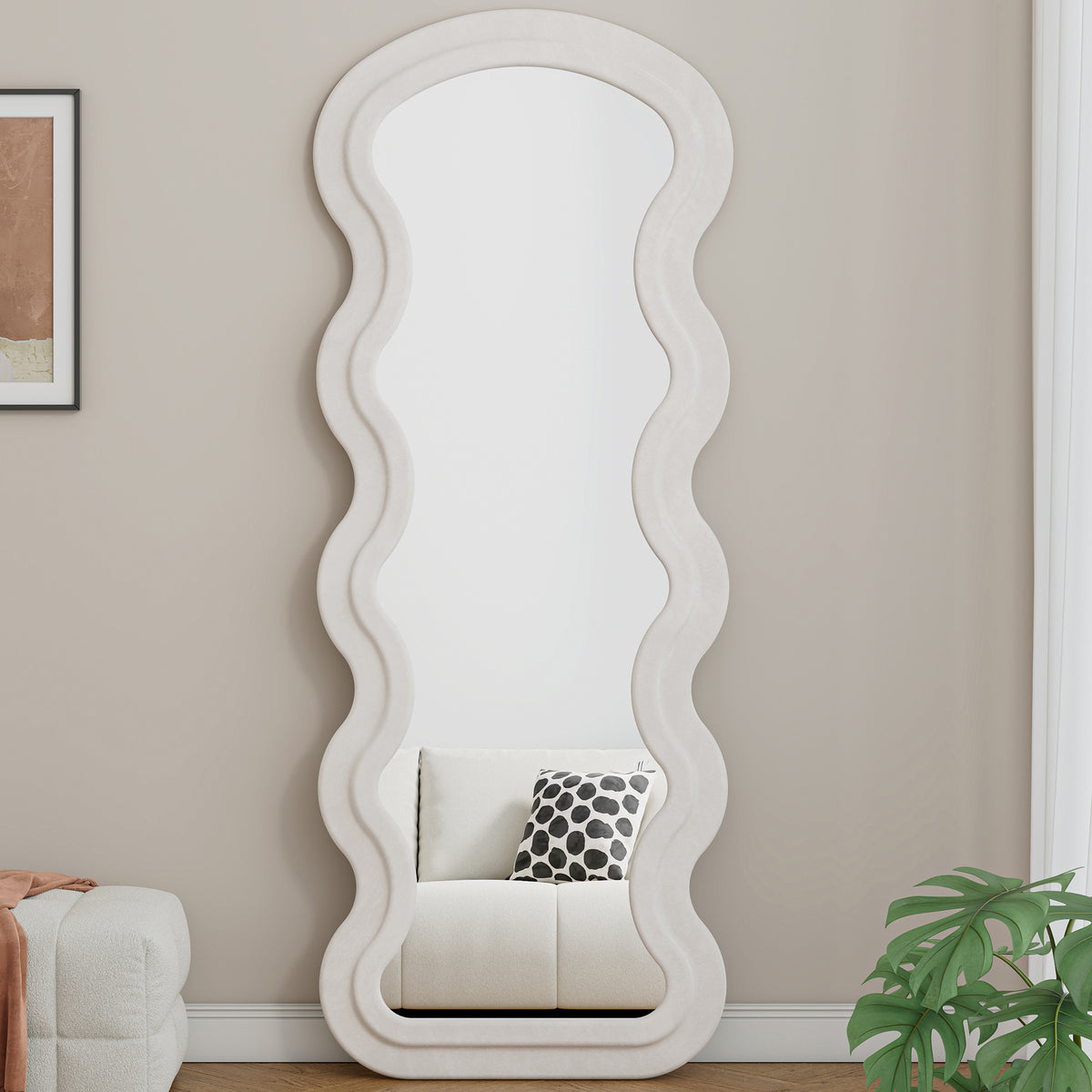 Full-length floor mirror with white metal and wood frame, featuring a flannel wave design by Anthony & Home.