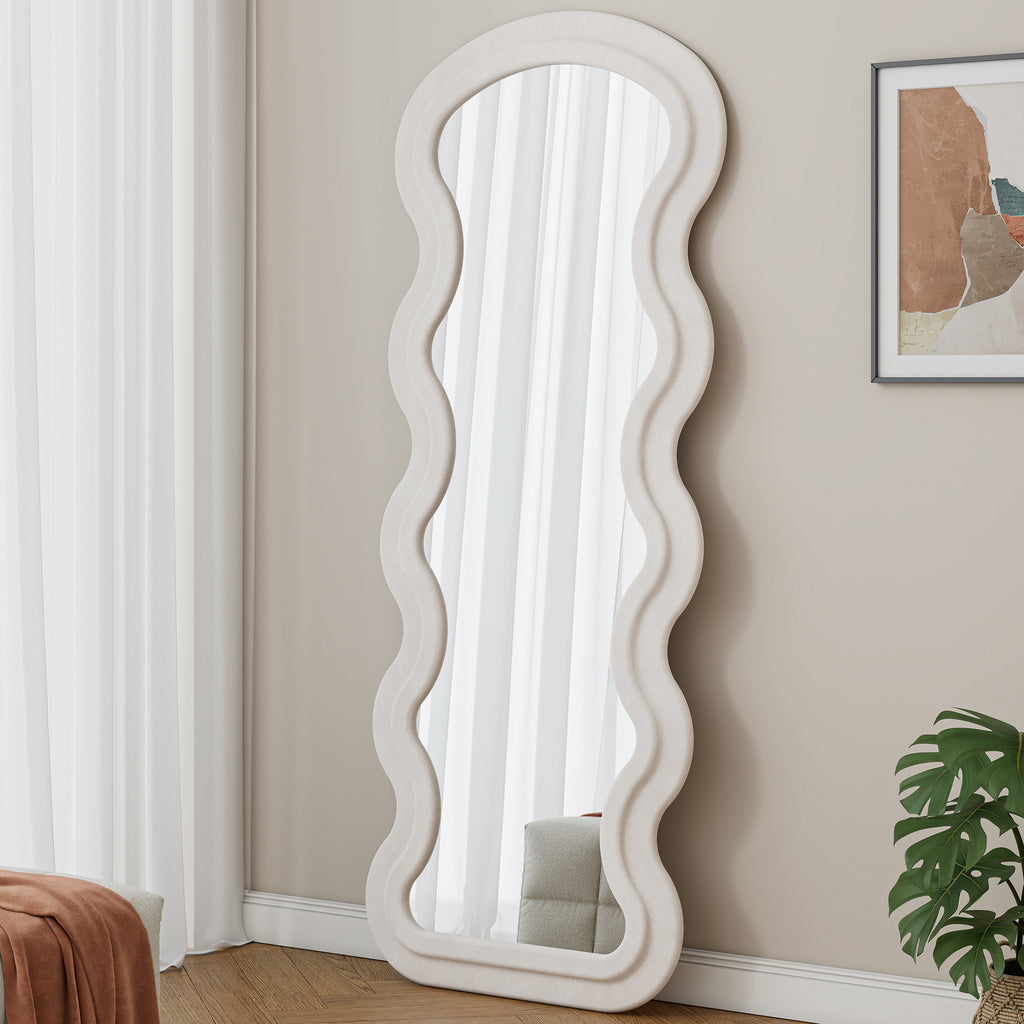 Full-length Anthony & Home Flannel Wave floor mirror with white metal and wood frame, showcasing its sleek, modern design.