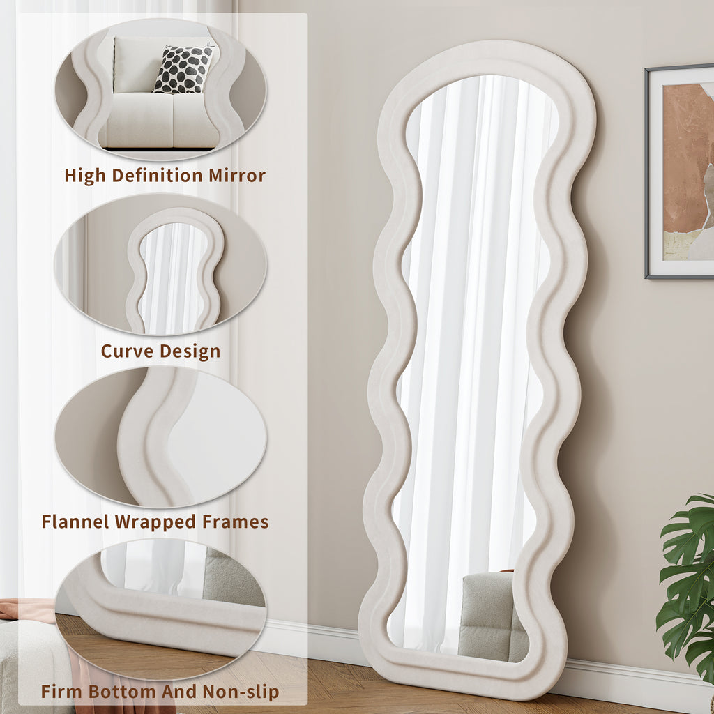 Full-length floor mirror with white metal and wood frame by Anthony & Home, featuring a flannel wave design and sleek modern style.