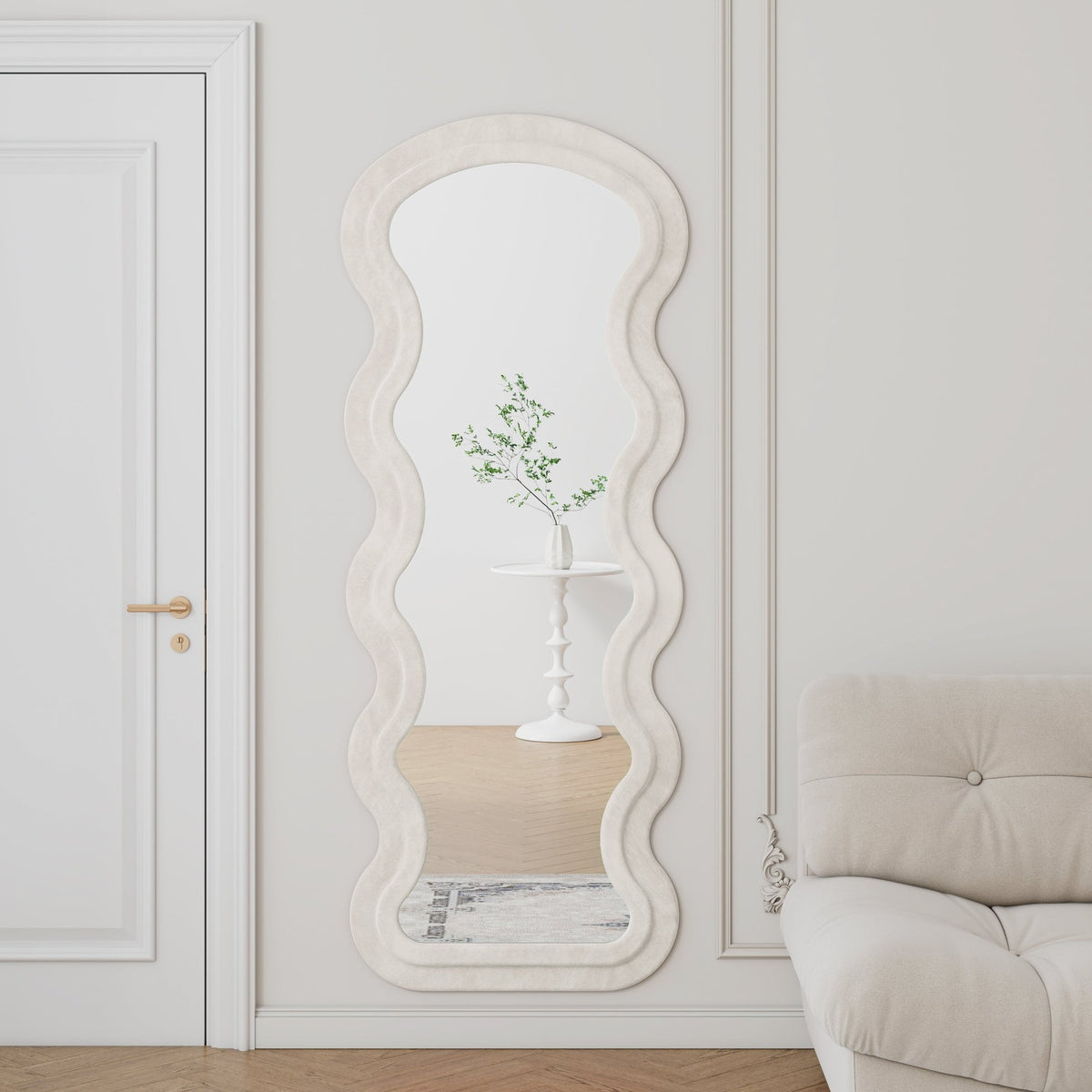 Anthony & Home Flannel Wave full-length floor mirror with white metal and wood frame, showcasing a sleek, modern design.