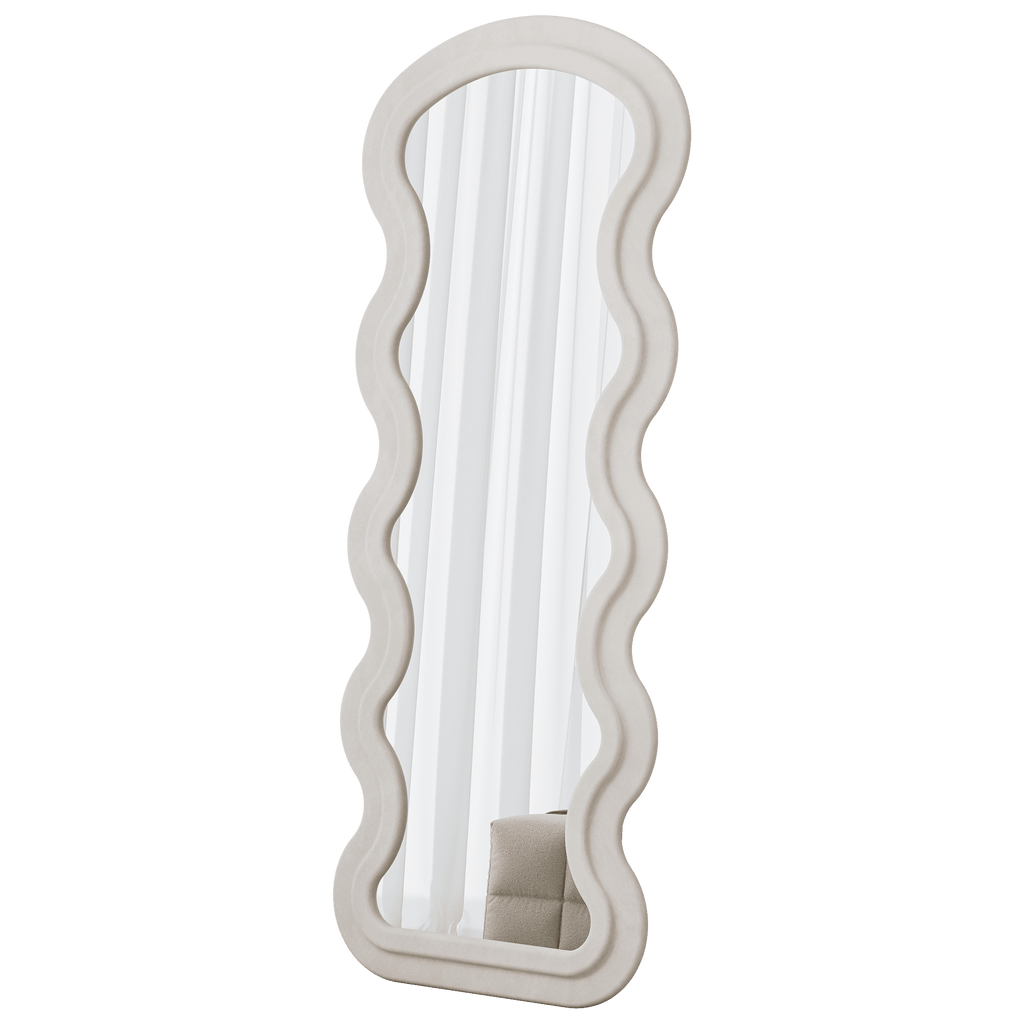 Full-length Anthony & Home flannel wave mirror with white metal and wood frame, showcasing its sleek, contemporary design.