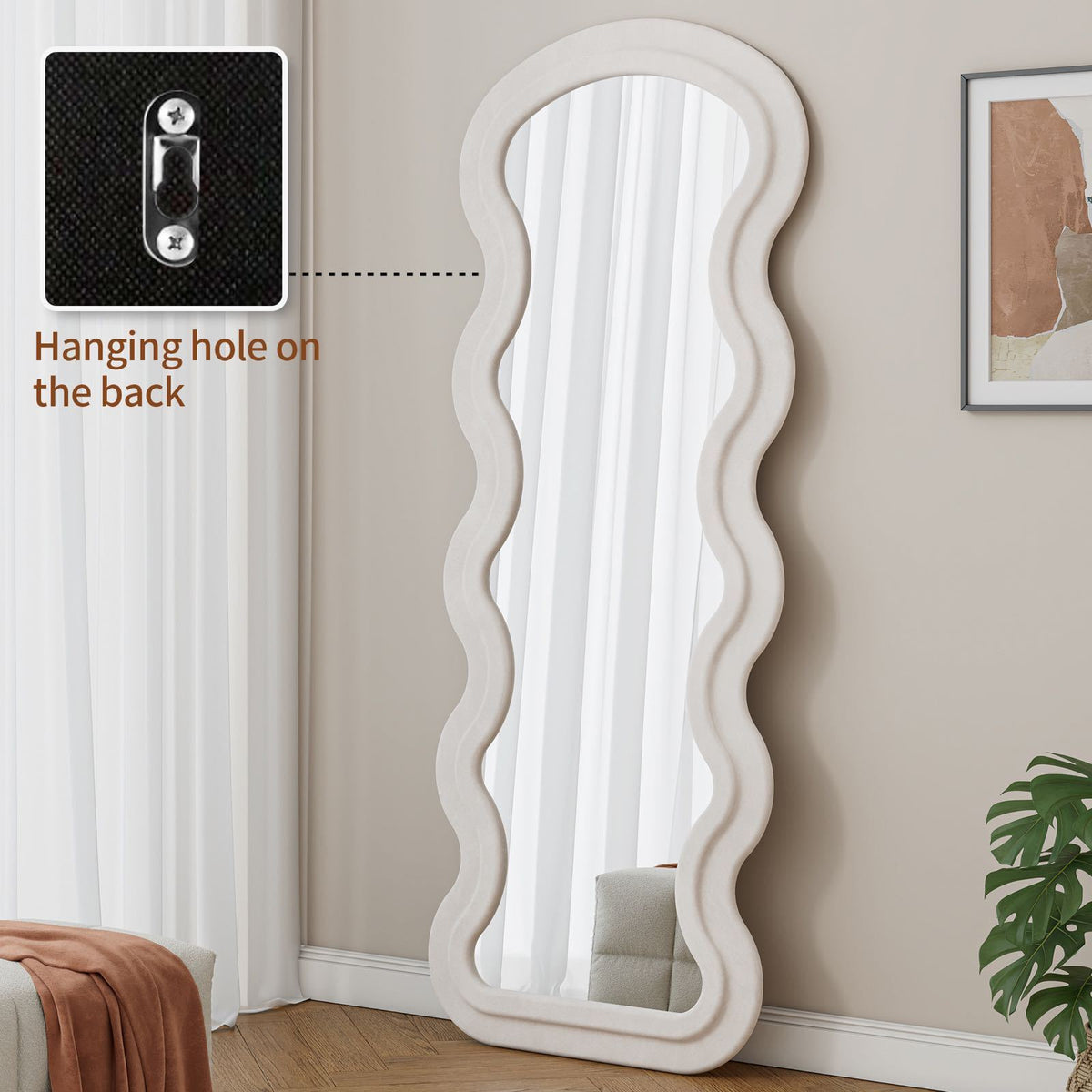 Full-length floor mirror with white metal and wood frame, featuring a flannel wave design, by Anthony & Home.