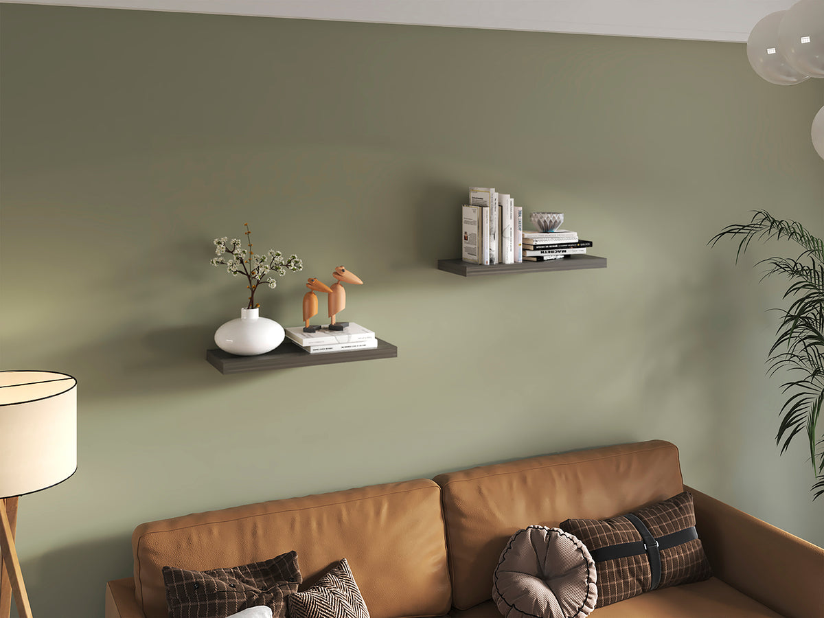 Set of two 31.5-inch floating shelves from Anthony & Home's Atelier Collection, showcasing modern wooden wall-mounted storage.