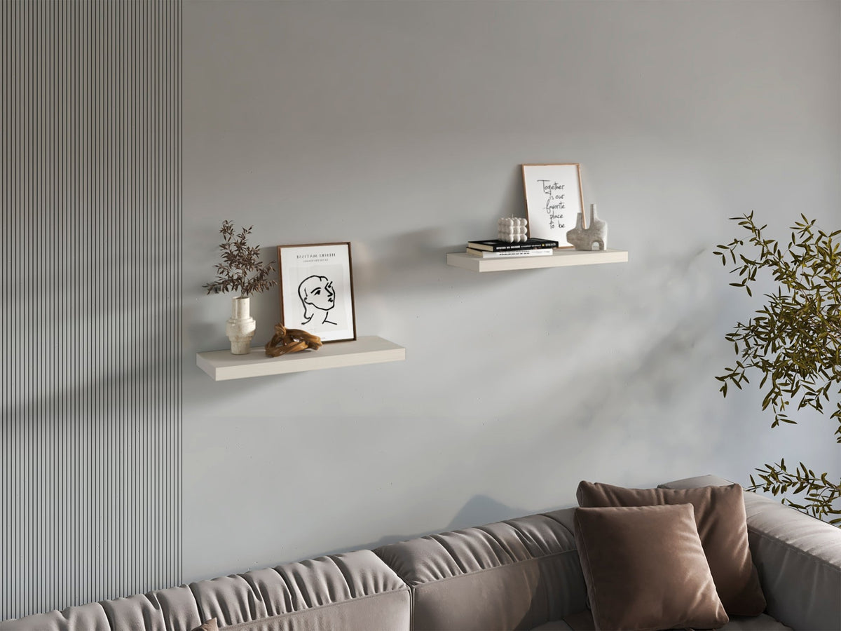 White washed oak floating shelves by Anthony & Home, two-shelf wall display for modern interior decor, mounted on a wall.