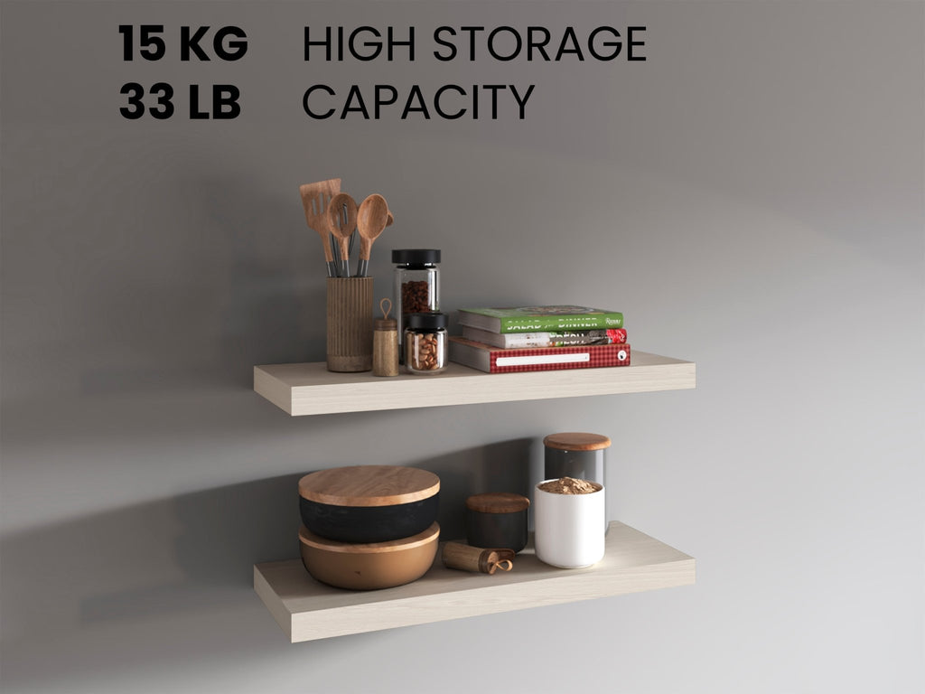 White washed oak floating shelves by Anthony & Home, two-shelf wall display for modern interior decor, mounted on a wall.