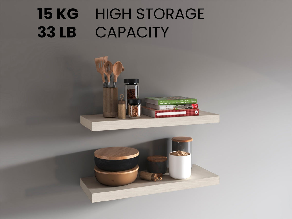 White washed oak floating shelves by Anthony & Home, two-shelf wall display for modern interior decor, mounted on a wall.