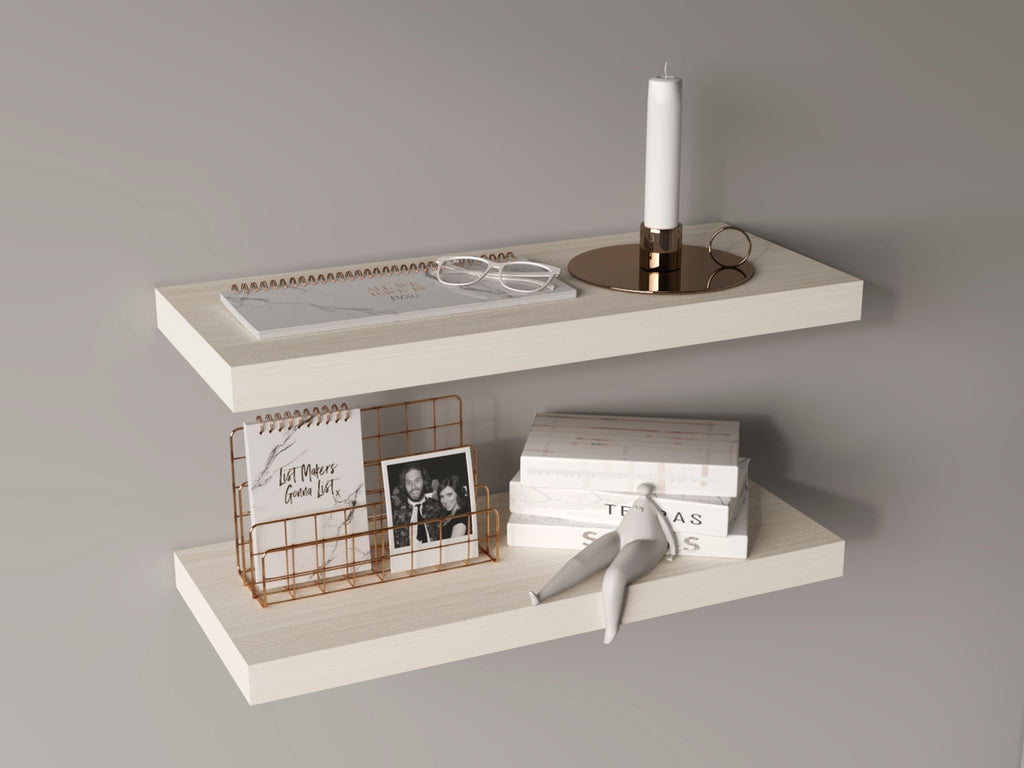 White washed oak floating shelves by Anthony & Home, two-shelf wall display for modern interior decor.