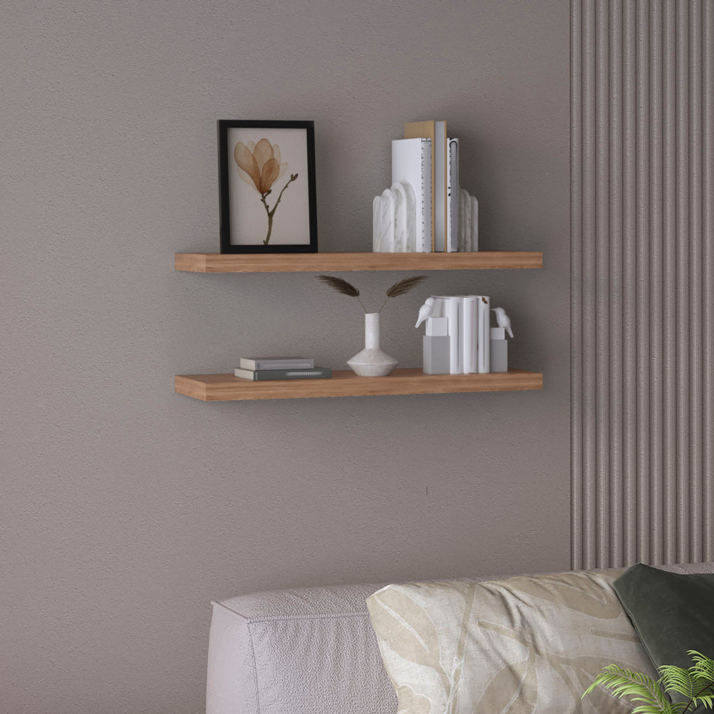 Set of two 31.5-inch walnut finish floating shelves by Anthony & Home, showcasing sleek wall-mounted storage and display space.