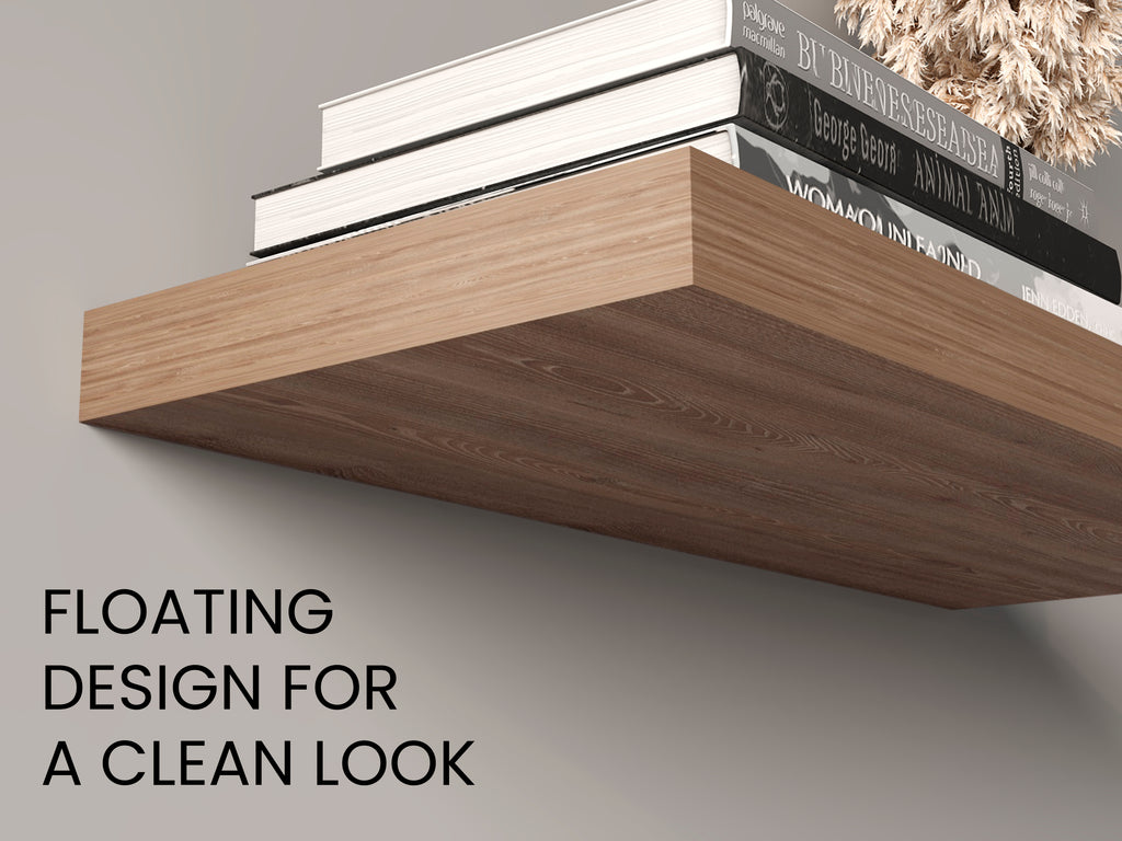 Set of two 31.5-inch walnut finish floating shelves from Anthony & Home, showcasing sleek wall-mounted storage and display space.
