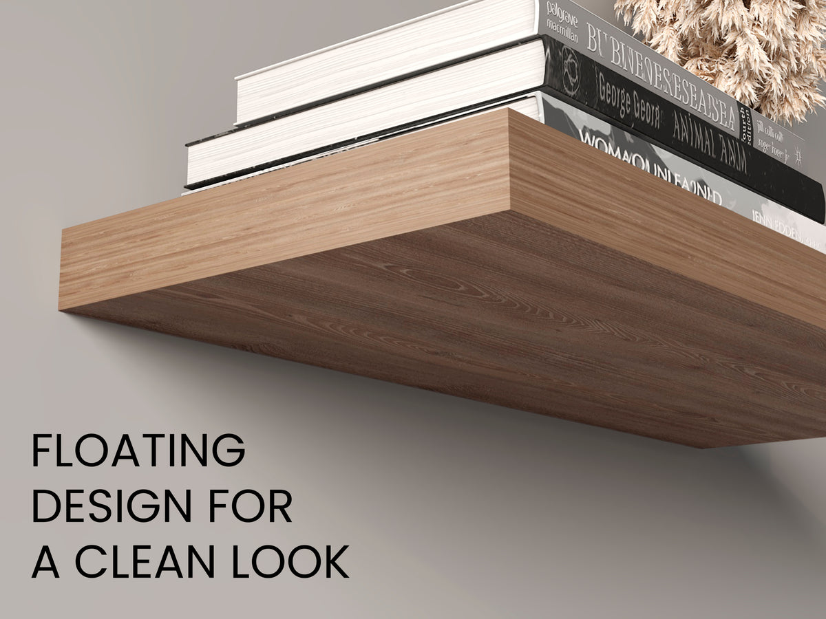 Set of two 31.5-inch walnut finish floating shelves from Anthony & Home, showcasing sleek wall-mounted storage and display space.