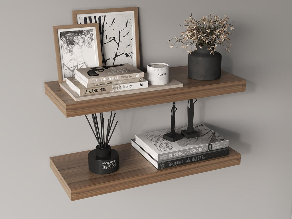 Set of 2 light brown matte floating shelves by Anthony & Home, showcasing sleek wall-mounted storage and display space.