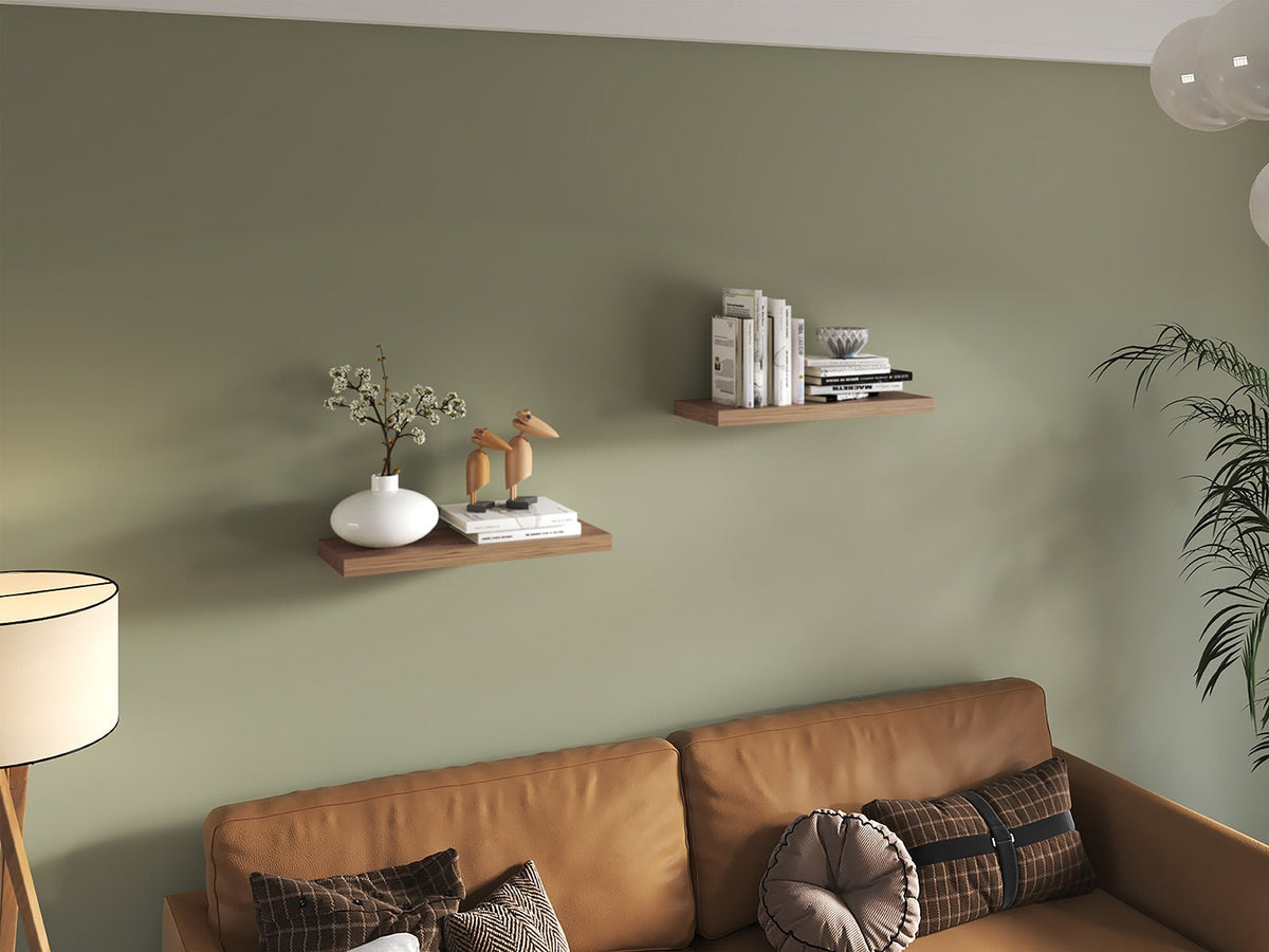 Set of 2 light brown matte floating shelves from Anthony & Home, mounted on a wall, showcasing modern minimalist storage solutions.