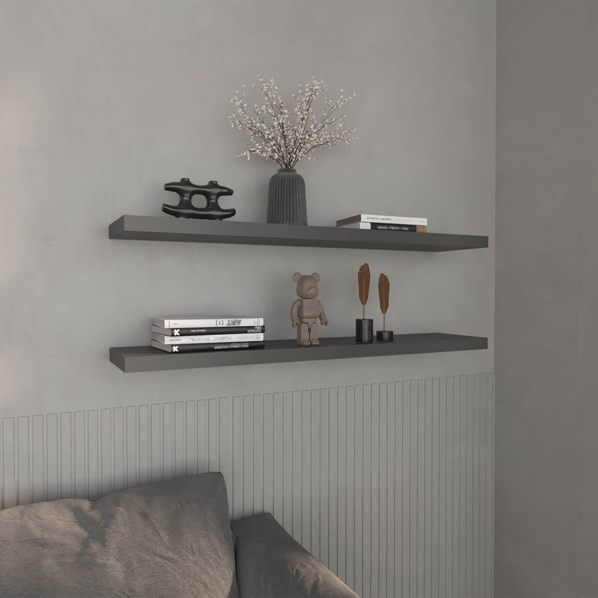 Floating shelves by Anthony & Home in signature matte gray solid wood, showcasing modern wall storage and sleek design.