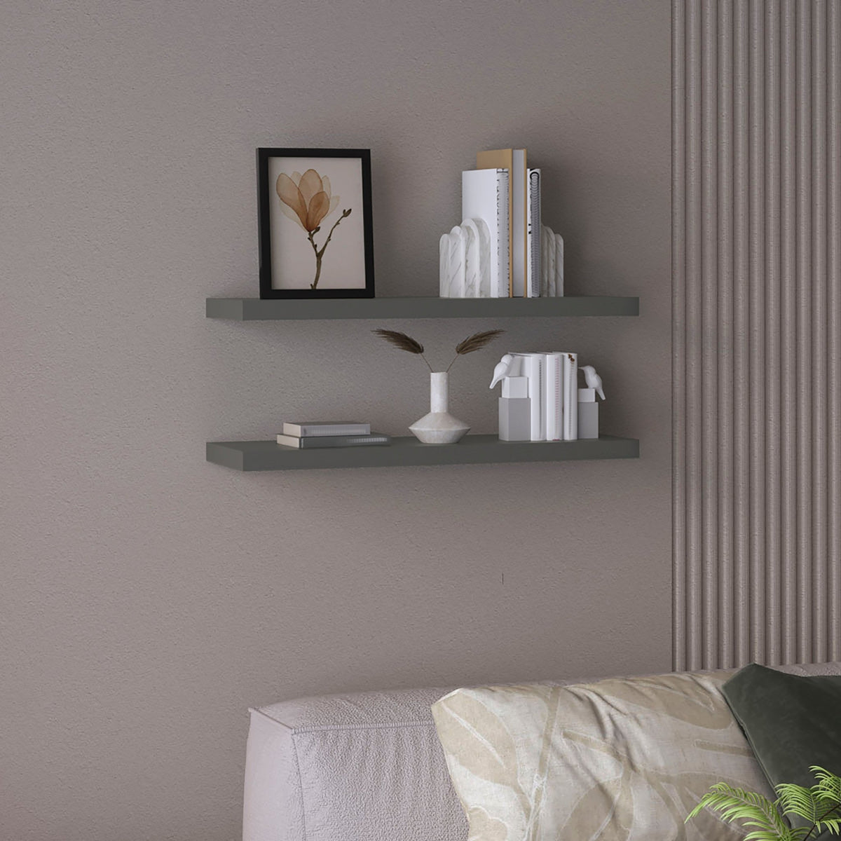 Floating shelves from Anthony & Home Studio Collection with a matte gray finish, shown mounted on a wall for home storage or decor.