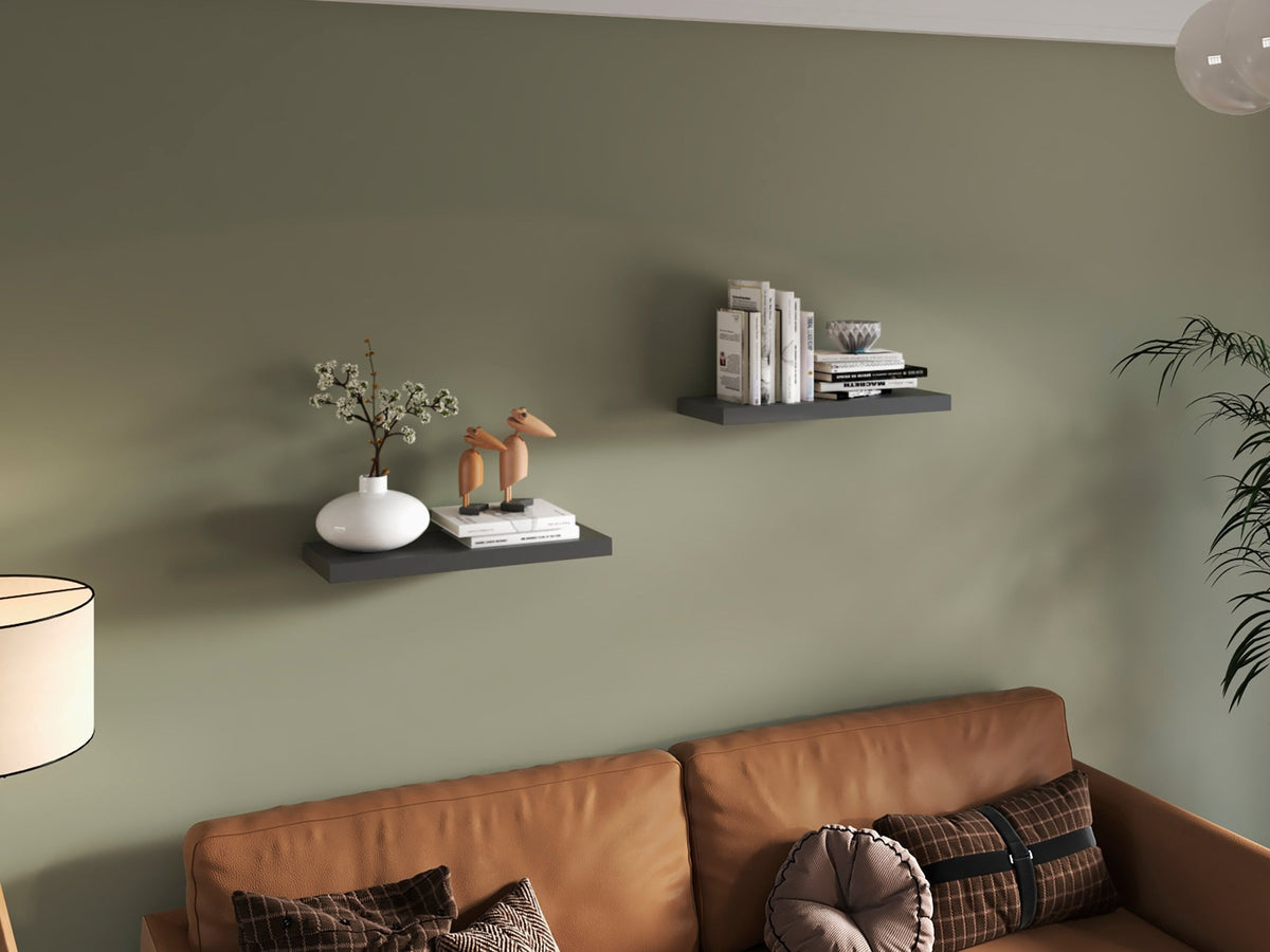 Floating shelves from Anthony & Home Studio Collection in matte gray finish, showcasing sleek wall-mounted storage and display space.