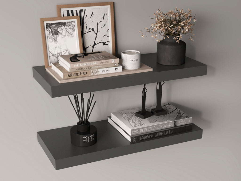 Matte gray floating shelves from Anthony & Home Studio Collection, shown mounted on a wall for modern storage and display.