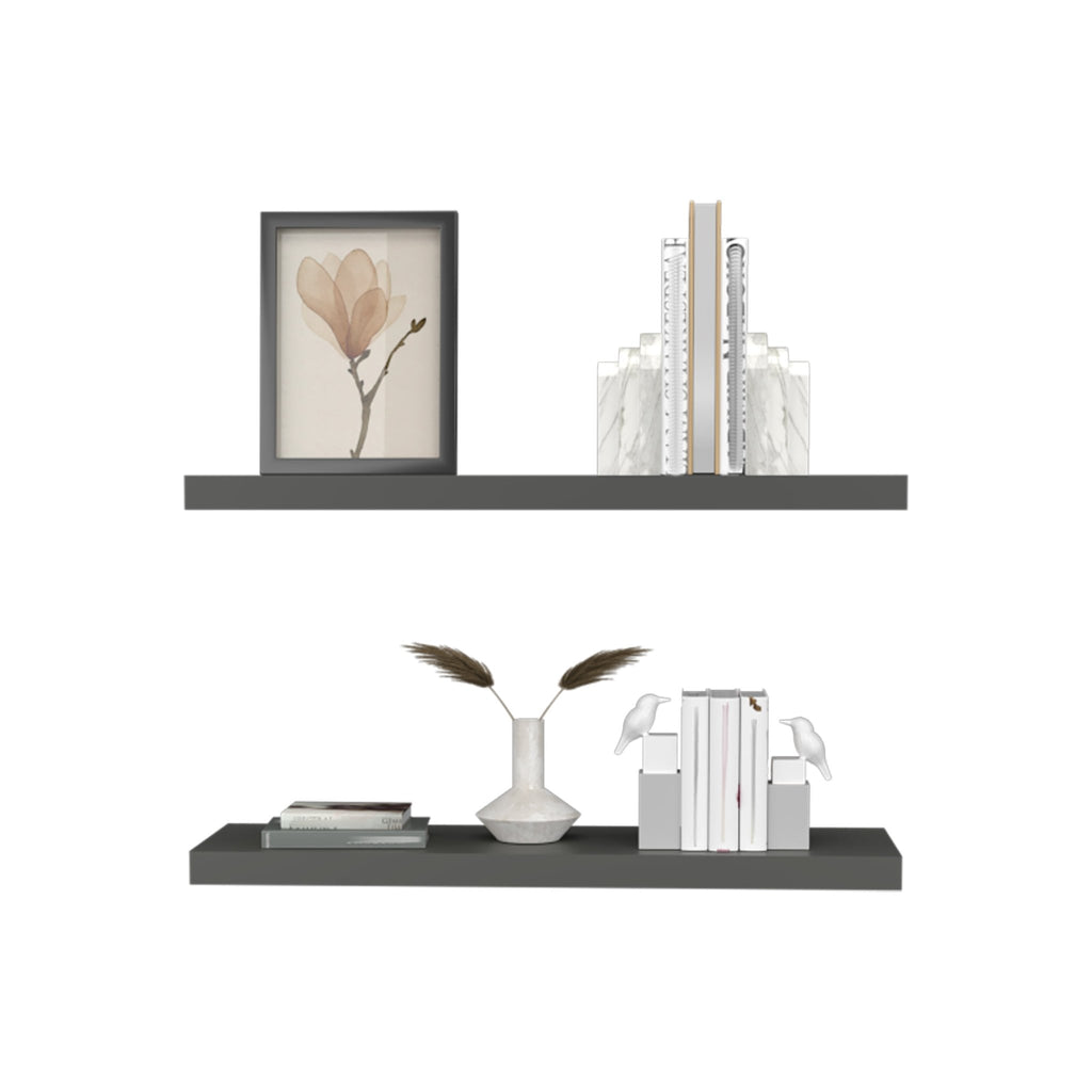 Floating shelves from Anthony & Home's Studio Collection in matte gray finish, showing sleek, modern wall-mounted storage units.