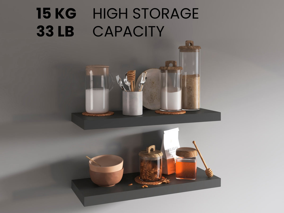 Floating shelves from Anthony & Home Studio Collection with a sleek matte gray finish, shown mounted on a wall.
