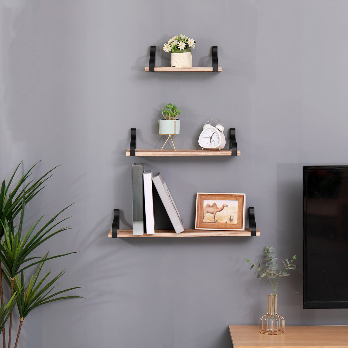 Set of three natural wood floating shelves from Anthony & Home, stylish wall-mounted storage and display for home decor.