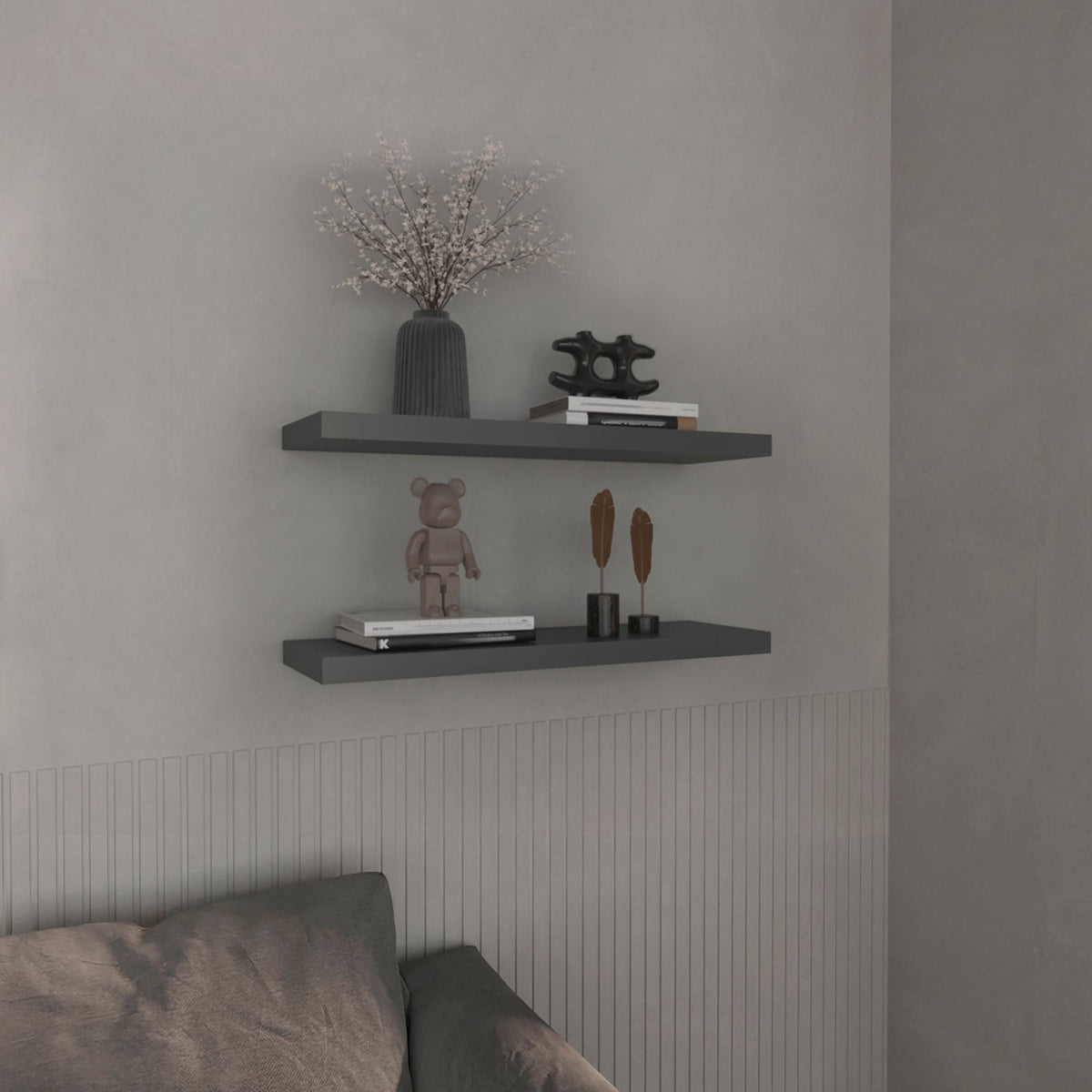 Modern floating shelves by Anthony & Home in matte gray finish, made of engineered wood with solid wood MDF accents, two-shelf design