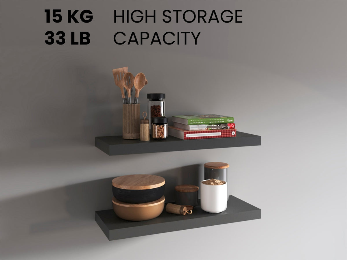Modern gray floating shelves with two tiers, engineered wood with MDF accents, suitable for contemporary living spaces.