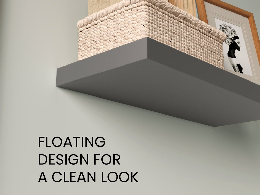 Modern gray floating shelves with two tiers, engineered wood with MDF accents, by Anthony & Home for contemporary living spaces.