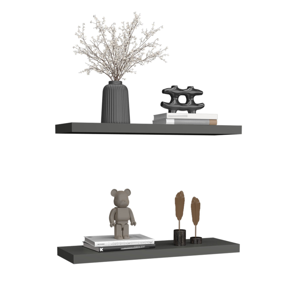 Modern gray floating shelves by Anthony & Home, two-shelf engineered wood with solid wood MDF accents for stylish living room storage.