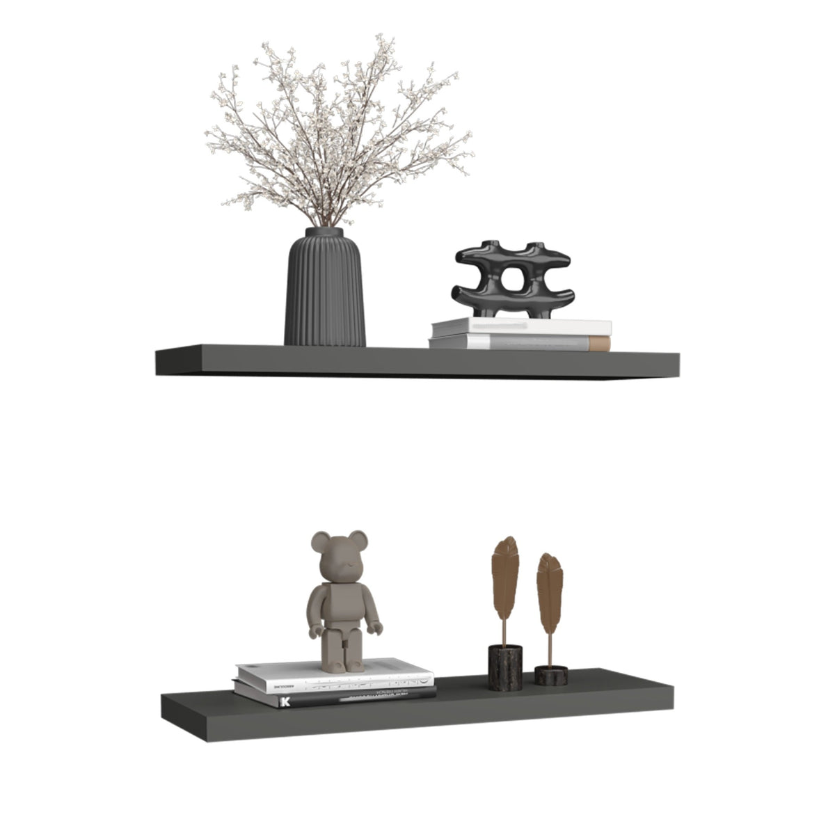 Modern gray floating shelves by Anthony & Home, two-shelf engineered wood with solid wood MDF accents for stylish living room storage.