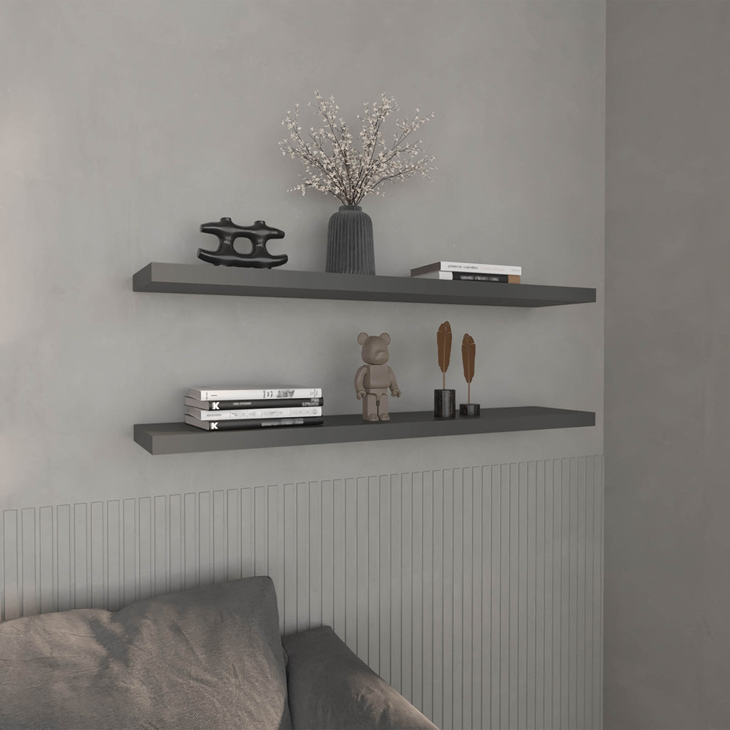 Two matte gray floating shelves from Anthony & Home collection, mounted on a wall with decorative items displayed.