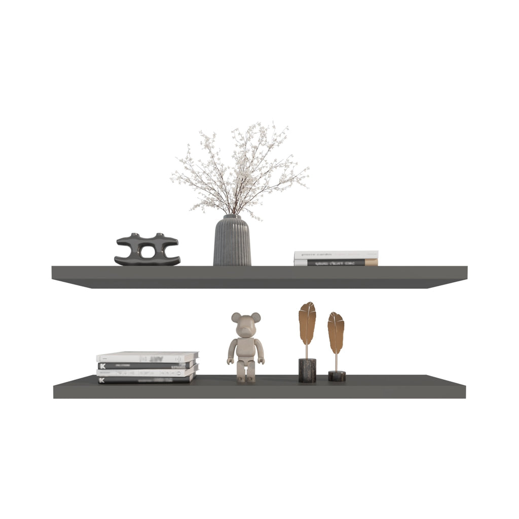 Two matte gray floating shelves from Anthony & Home's collection, showcasing sleek, modern wall-mounted storage solutions.