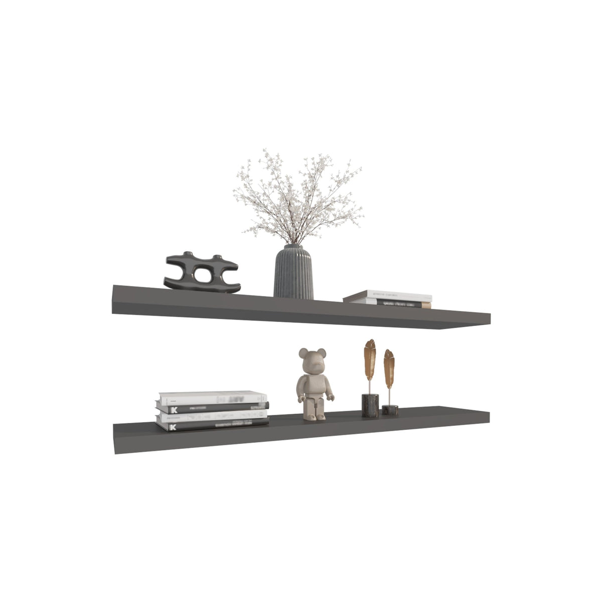 Two matte gray floating shelves from Anthony & Home's collection, showcasing sleek modern wall-mounted storage.
