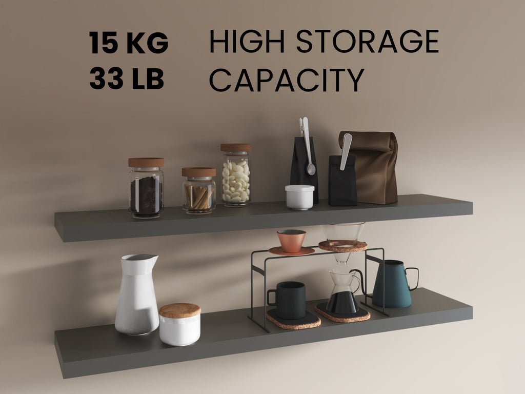Two matte gray floating shelves from Anthony & Home, mounted on a wall, showcasing modern wall storage and decor.