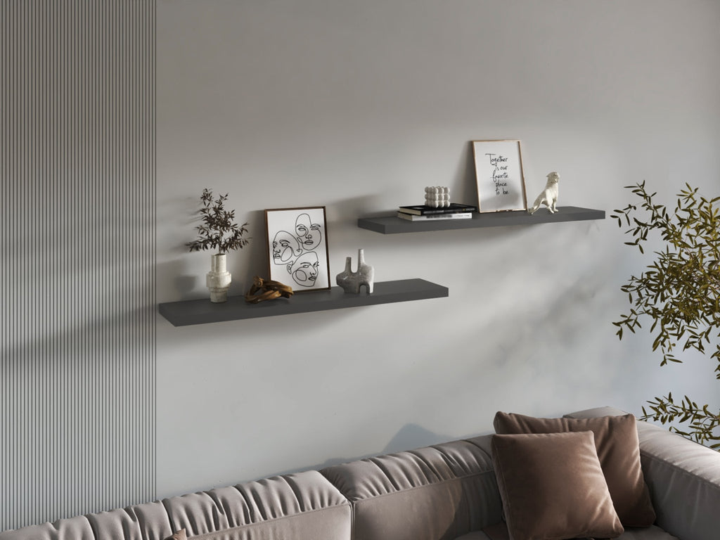 Two matte gray floating shelves from Anthony & Home with sleek design, mounted on a wall for modern storage and display.