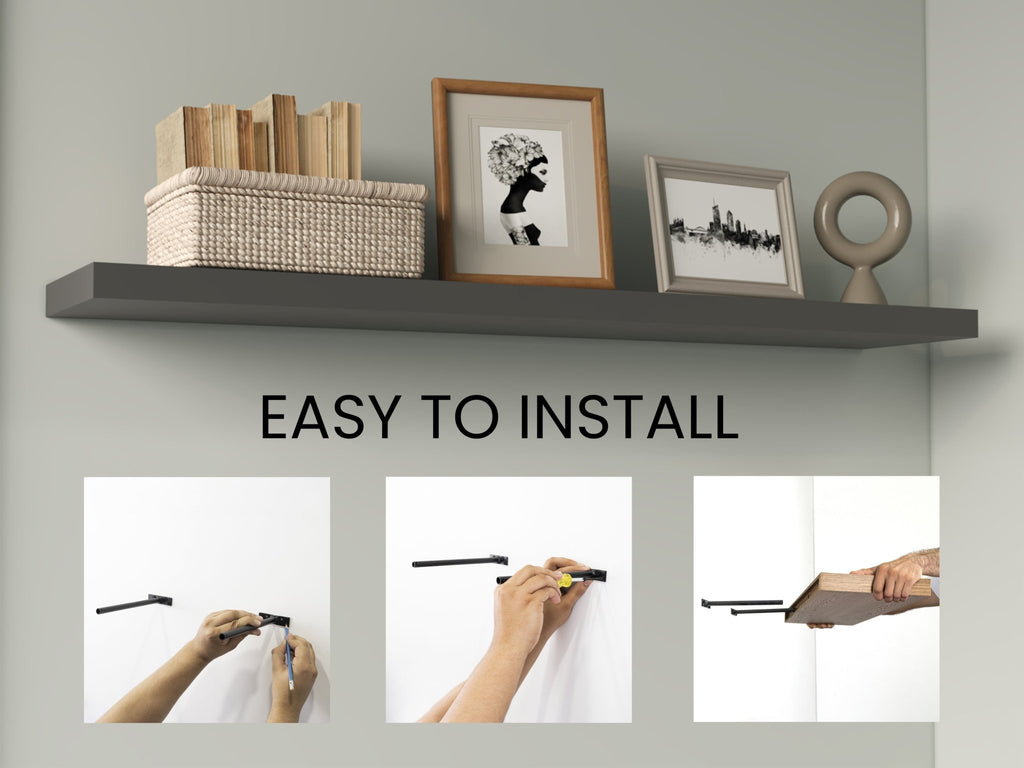 Two matte gray floating shelves from Anthony & Home's collection, mounted on a wall, showcasing sleek modern storage.