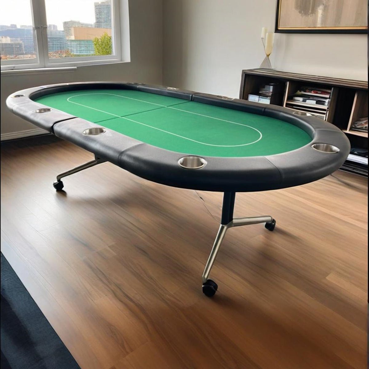 Green felt folding poker table with ten seats, limited edition by Anthony & Home, featuring cup holders and game surface.
