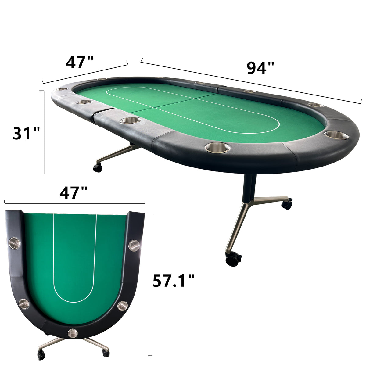 Green felt folding poker table with ten seats, limited edition Anthony & Home gaming table, detailed 3D design and sturdy frame