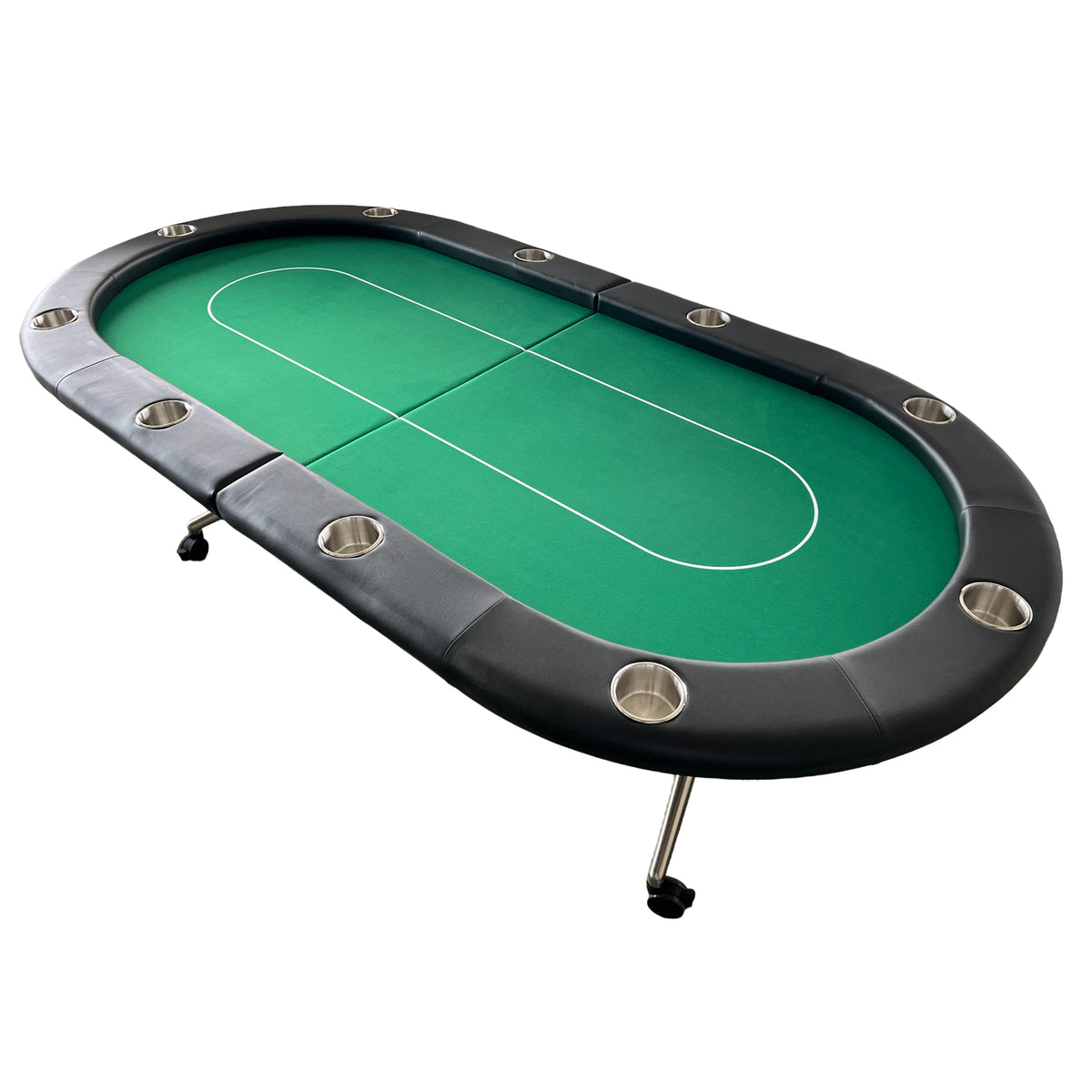 Green felt folding poker table with ten seats, limited edition Anthony & Home gaming table for poker nights and gatherings.