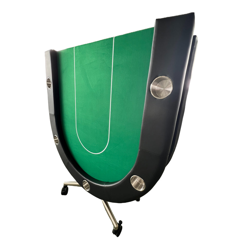Green felt folding poker table with ten seats, limited edition by Anthony & Home, showing the spacious gaming surface and padded armrests.