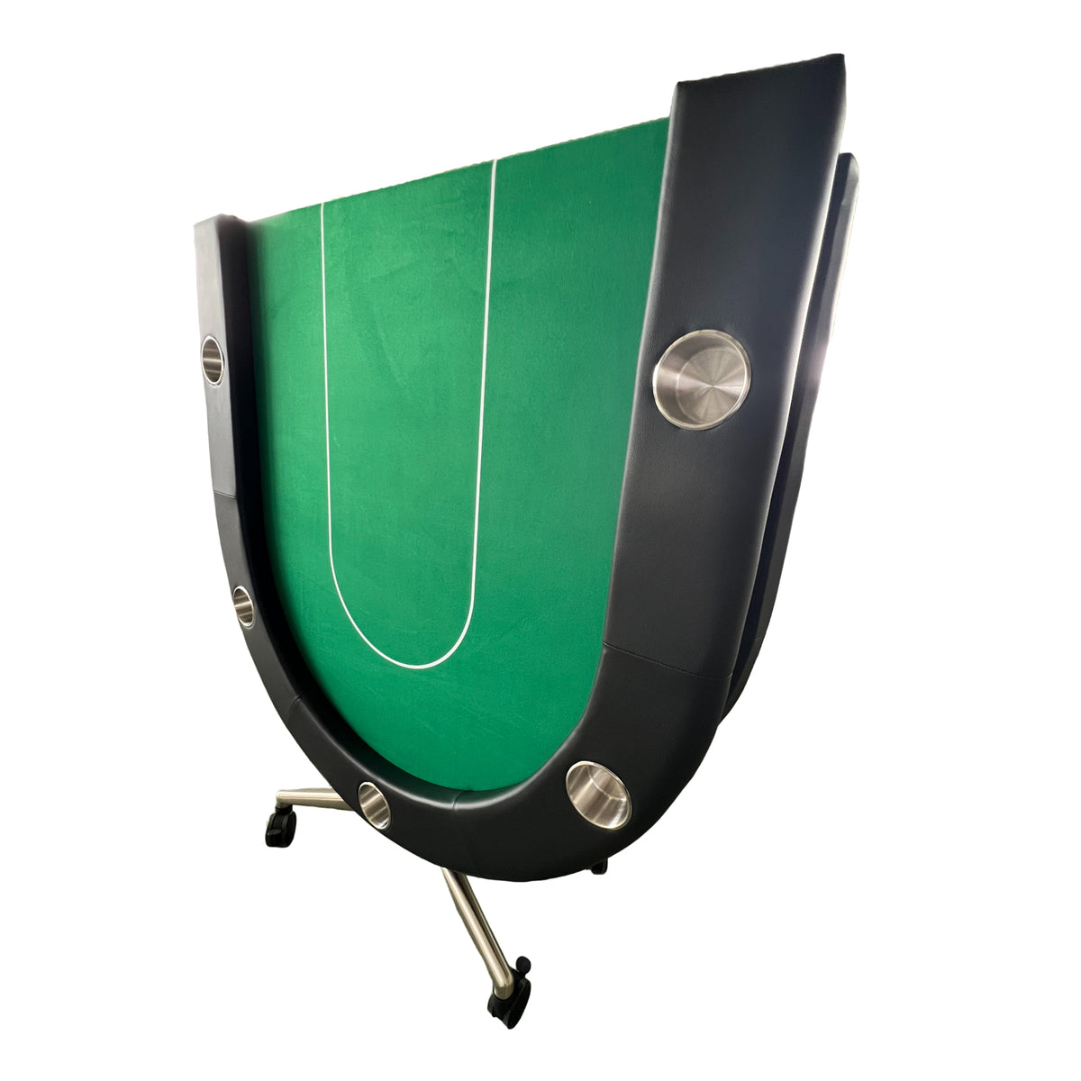 Green felt folding poker table with ten seats, limited edition by Anthony & Home, showing the spacious gaming surface and padded armrests.